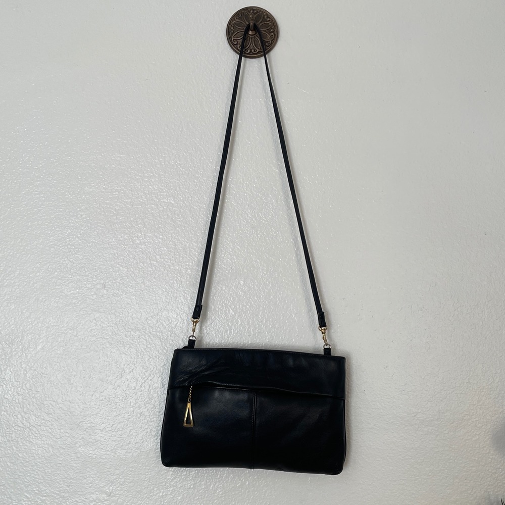 JENNIFER MOORE Black Leather‎ Crossbody Shoulder Bag with Gold Triangle Charm